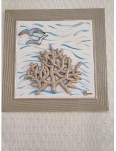 Quadro moderno contemporaneo con corallo e gabbiani in ceramica e cornice in legno tortora -BRINDICCI