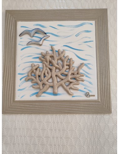 Quadro moderno contemporaneo con corallo e gabbiani in ceramica e cornice in legno tortora -BRINDICCI