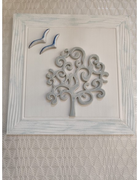 Quadro moderno contemporaneo con corallo e gabbiani in ceramica e cornice in legno bianco mare -BRINDICCI