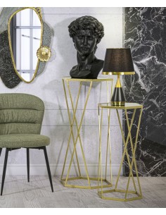 Esagonal tavolinetto glamour moderno due misure in metallo oro opaco e ripiano in vetro fumè -MAURO FERRETTI 2