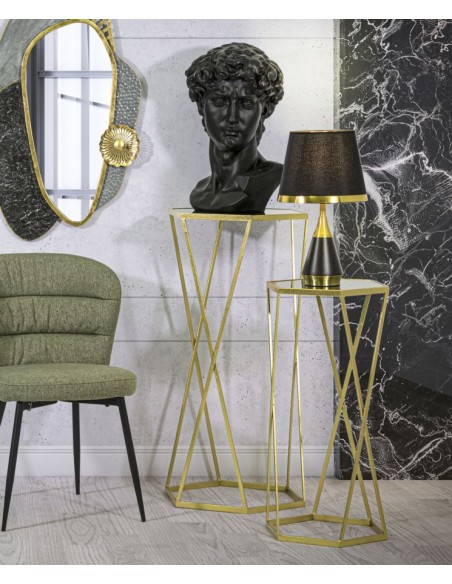 Esagonal tavolinetto glamour moderno due misure in metallo oro opaco e ripiano in vetro fumè -MAURO FERRETTI