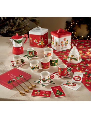 Elfomagia Set 4 tazze da caffè natalizia a bicchierino con decorazione del natale in new bone china -BRANDANI