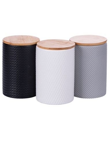Circle set 3 barattoli in ceramica moderni bianco grigio e nero con tappo in legno -VILLA D' ESTE