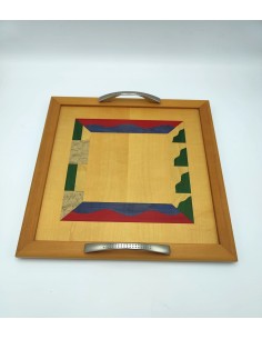 Eclettico e moderno vassoio in legno colore ciliegio con decorazioni geometriche e manici in nickel satinato -BRINDICCI