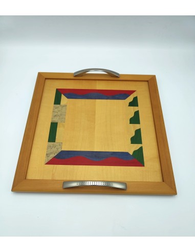 Eclettico e moderno vassoio in legno colore ciliegio con decorazioni geometriche e manici in nickel satinato -BRINDICCI