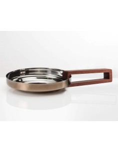 Foodwear rivoluzionaria padella e piatto di alto design moderno in acciaio trilaminato bronzo con manico pinza in legno noce ...