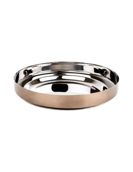 Foodwear rivoluzionaria padella e piatto di alto design moderno in acciaio trilaminato bronzo con manico pinza in legno noce ...