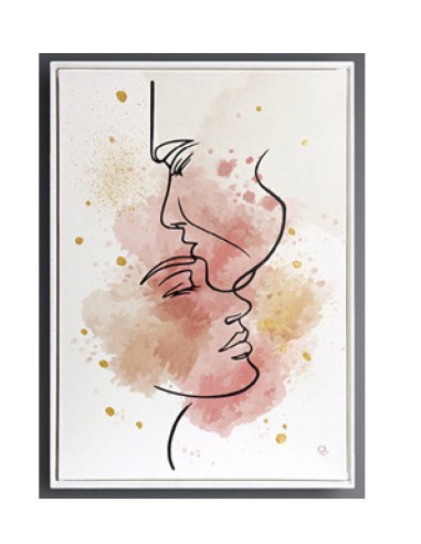 Composizione di 3 quadri astratti e stilizzati di fiori e profilo di una coppia di innamorati in tinte calde pastello -QUADRI...