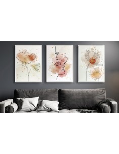 Composizione di 3 quadri astratti e stilizzati di fiori e profilo di una coppia di innamorati in tinte calde pastello -QUADRI...