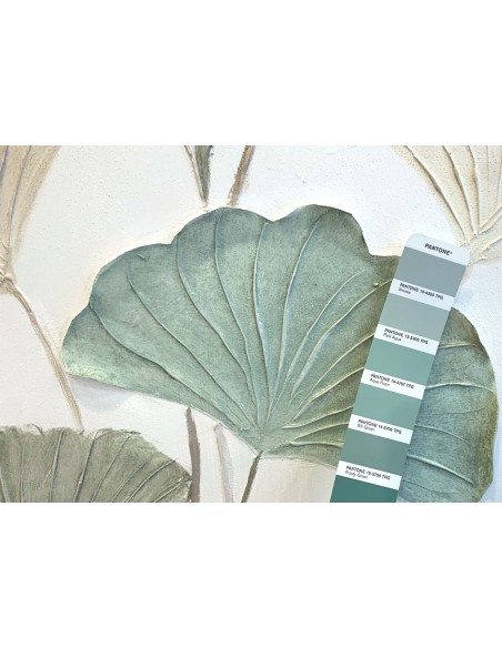 Ventagli quadro con foglie di ginkgo biloba in rilievo dai colori pastello dipinte a mano su tela di cotone -AGAVE S.R.L.