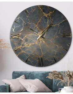 Ottano orologio tondo diam. 80 con quadrante effetto marmo nero ed oro con lancette e numeri in oro lucido -ARTIDEA 2