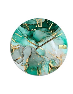 Petrolio orologio tondo diam. 80 con quadrante effetto marmo verde ed oro con lancette e numeri in oro lucido -ARTIDEA