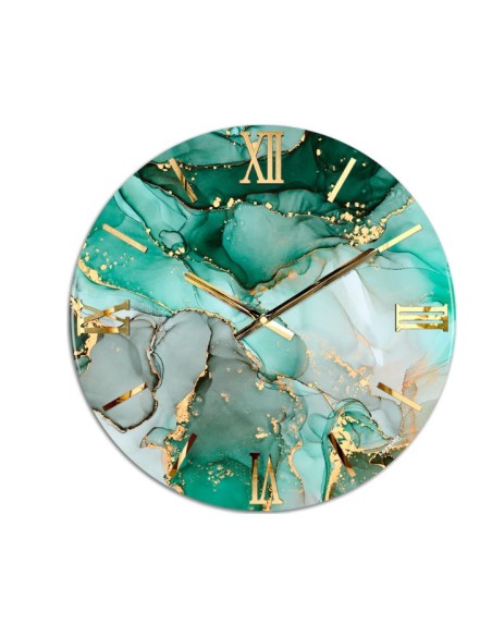 Petrolio orologio tondo diam. 80 con quadrante effetto marmo verde ed oro con lancette e numeri in oro lucido -ARTIDEA
