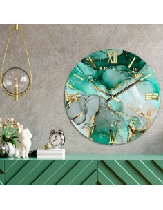 Petrolio orologio tondo diam. 80 con quadrante effetto marmo verde ed oro con lancette e numeri in oro lucido -ARTIDEA 2