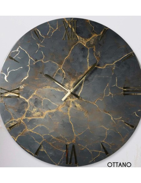 Ottano orologio tondo diam. 80 con quadrante effetto marmo nero ed oro con lancette e numeri in oro lucido -ARTIDEA