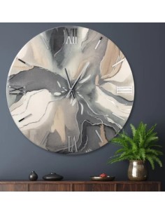 Macchia orologio tondo diam. 60 con quadrante effetto marmo tortora e grigio con lancette e numeri in cromo lucido -ARTIDEA
