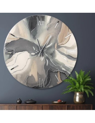 Macchia orologio tondo diam. 60 con quadrante effetto marmo tortora e grigio con lancette e numeri in cromo lucido -ARTIDEA