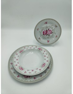 SERVIZIO PIATTI 18 PEZZI SHABBY CHIC IN CERAMICA CON FIORELLINI ROSA -ARTE DI NACCHI