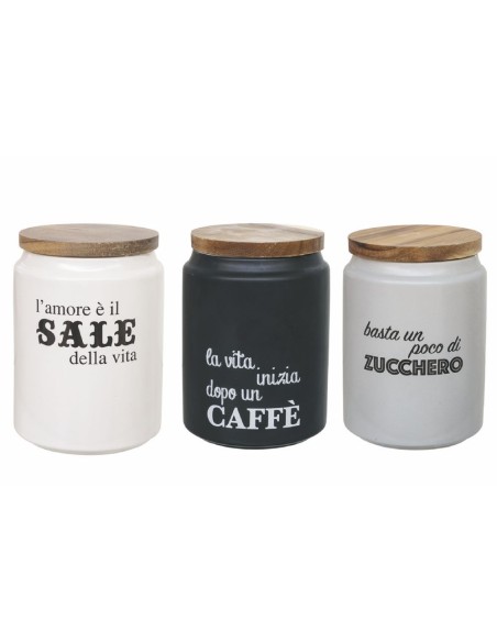 Idee set 3 barattoli contenitori moderni contemporanei in gres bianco grigio e nero con tappo in legno -VILLA D' ESTE