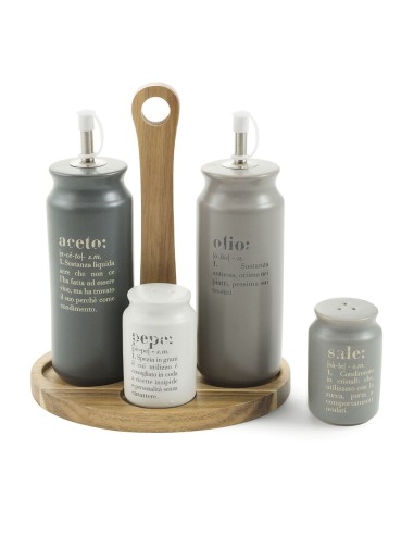 Victionary set condimenti con base in legno: olio aceto sale e pepe design raffinato per una tavola perfetta -VILLA D' ESTE