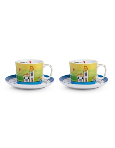 SET 2 TAZZE COLAZIONE CON PIATTINO BLU LE CASETTE -EGAN