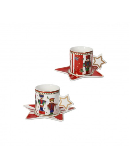 Set 2 tazzine da caffè complete di piattino con decorazione Natalizia " Lo Schiaccianoci " -BRANDANI