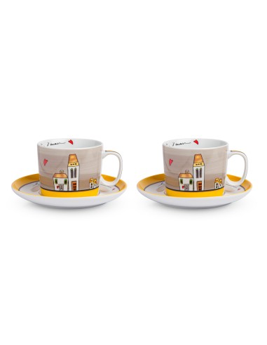 SET 2 TAZZE COLAZIONE CON PIATTINO LE CASETTE GIALLO -EGAN