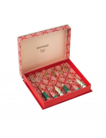 Set 6 Forchettine Natalizie delle Feste per dolci, pandoro o panettone con manico in ceramica e decorazione cantico gold -BRA...