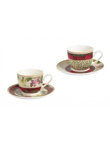 Set 2 tazzine da caffè complete di piattino con decorazione Natalizia " sottobosco " -BRANDANI