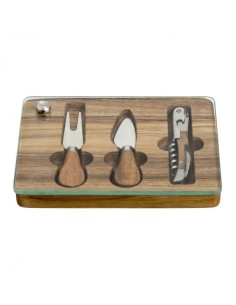 SET DEGUSTAZIONE CON TAGLIERE VETRO E 2 COLTELLI FORMAGGIO E CAVATAPPI INOX -BRANDANI