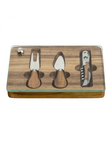 SET DEGUSTAZIONE CON TAGLIERE VETRO E 2 COLTELLI FORMAGGIO E CAVATAPPI INOX -BRANDANI