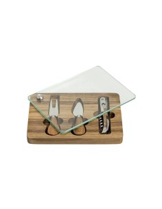 SET DEGUSTAZIONE CON TAGLIERE VETRO E 2 COLTELLI FORMAGGIO E CAVATAPPI INOX -BRANDANI 2