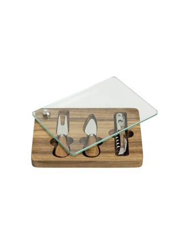 SET DEGUSTAZIONE CON TAGLIERE VETRO E 2 COLTELLI FORMAGGIO E CAVATAPPI INOX -BRANDANI