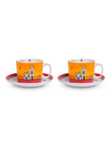 SET 2 TAZZE COLAZIONE CON PIATTINO LE CASETTE ROSSO -EGAN