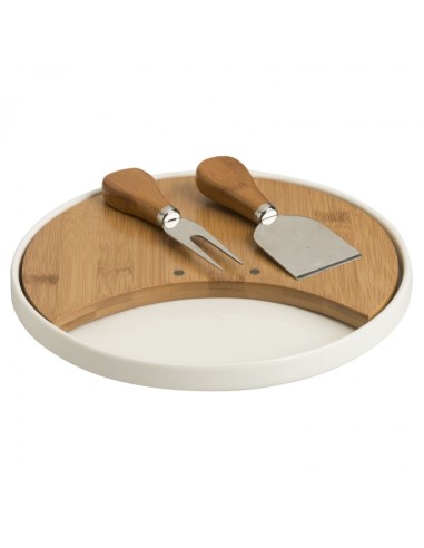 TAGLIERE FORMAGGI IN PORCELLANA E BAMBOO CON 2 COLTELLI IN ACCIAIO INOX -BRANDANI