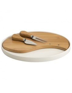 TAGLIERE FORMAGGIO IN PORCELLANA E BAMBOO CON 2 COLTELLI FORMAGGIO IN ACCIAIO INOX -BRANDANI