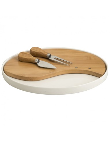 TAGLIERE FORMAGGIO IN PORCELLANA E BAMBOO CON 2 COLTELLI FORMAGGIO IN ACCIAIO INOX -BRANDANI