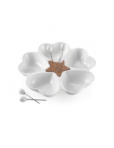 ANTIPASTIERA MILLE CUORI IN PORCELLANA BIANCA E BAMBOO CON 5 FORCHETTINE IN ACCIAIO INOX -BRANDANI