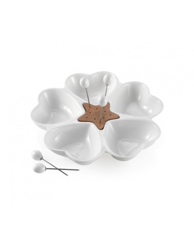 ANTIPASTIERA MILLE CUORI IN PORCELLANA BIANCA E BAMBOO CON 5 FORCHETTINE IN ACCIAIO INOX -BRANDANI