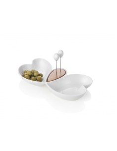 ANTIPASTIERA CUOR DI BUTTERFLY IN PORCELLANA BIANCA E BAMBOO CON 2 FORCHETTINE IN ACCIAIO INOX -BRANDANI