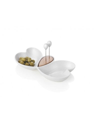 ANTIPASTIERA CUOR DI BUTTERFLY IN PORCELLANA BIANCA E BAMBOO CON 2 FORCHETTINE IN ACCIAIO INOX -BRANDANI