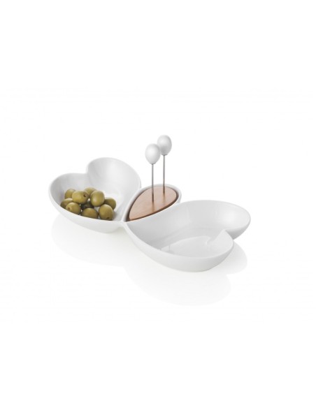 ANTIPASTIERA CUOR DI BUTTERFLY IN PORCELLANA BIANCA E BAMBOO CON 2 FORCHETTINE IN ACCIAIO INOX -BRANDANI