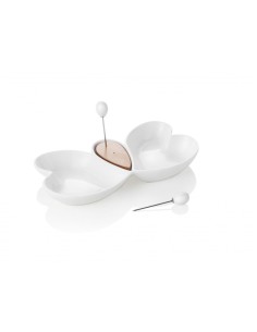 ANTIPASTIERA CUOR DI BUTTERFLY IN PORCELLANA BIANCA E BAMBOO CON 2 FORCHETTINE IN ACCIAIO INOX -BRANDANI 2