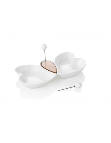 ANTIPASTIERA CUOR DI BUTTERFLY IN PORCELLANA BIANCA E BAMBOO CON 2 FORCHETTINE IN ACCIAIO INOX -BRANDANI