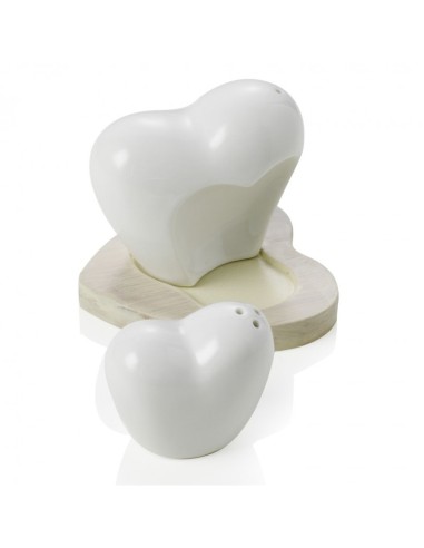 SALE E PEPE CUORIFOREVER IN PORCELLANA BIANCA CON SUPPORTO IN BAMBOO NATURALE -BRANDANI