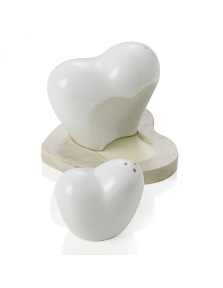 SALE E PEPE CUORIFOREVER IN PORCELLANA BIANCA CON SUPPORTO IN BAMBOO NATURALE -BRANDANI