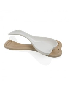 POGGIAMESTOLO CUORE IN PORCELLANA BIANCA CON SUPPORTO IN BAMBOO NATURALE -BRANDANI