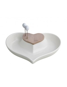 ANTIPASTIERA CUORENELCUORE IN PORCELLANA E BAMBOO NATURALE CON 2 FORCHETTINE IN INOX -BRANDANI