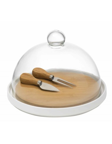 TAGLIERE PORCELLANA E BAMBOO CON COLTELLI FORMAGGIO E CUPOLA VETRO -BRANDANI