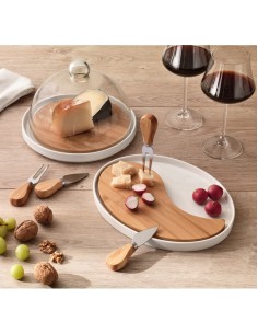 TAGLIERE PORCELLANA E BAMBOO CON COLTELLI FORMAGGIO E CUPOLA VETRO -BRANDANI 2